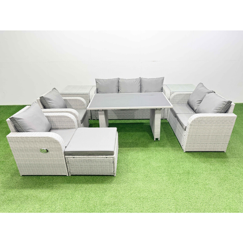 Fimous 9 Seater Garden Furniture Set PE Ratten Garden Sofa Set with Rectangular Dining Table Big Stool 2 Side Tables Light Grey-image-OPC-PH82FPD-NEW