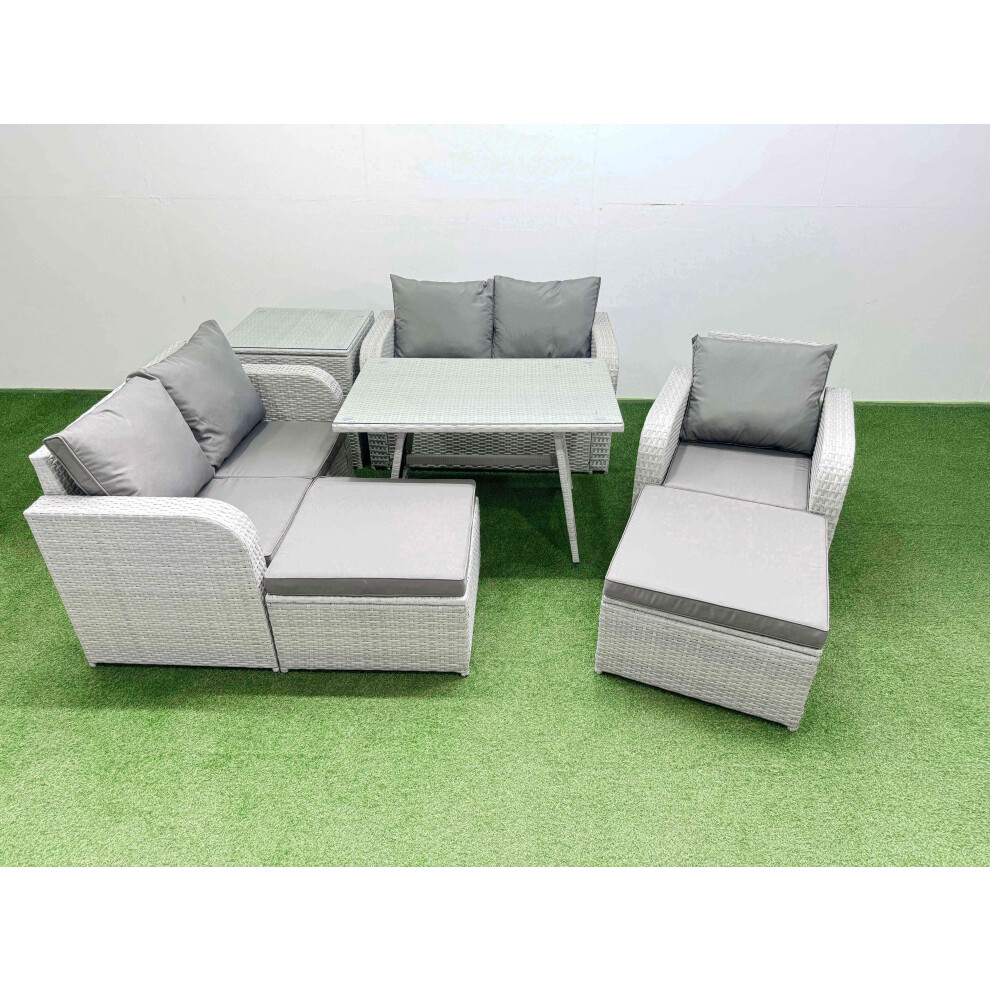 Rackhams Light/Grey 7 Seater Outdoor Rattan Garden Furniture Set Love Sofa Reclining Chair Set With Rectangular Dining Table Side Table 2 Big Footstools - Image 2