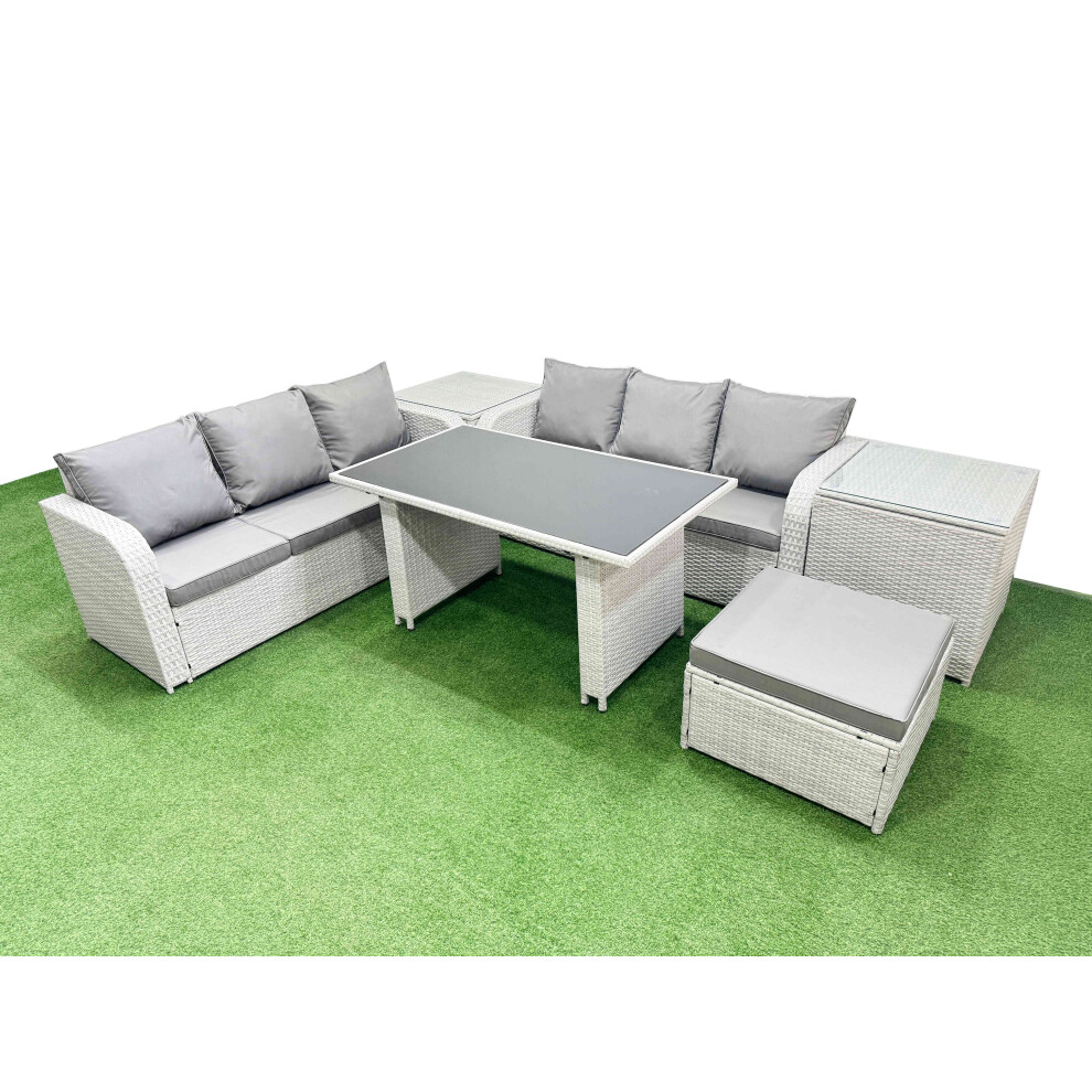 Fimous Light/Grey 7 Seater Rattan Outdoor Dining Table 3 Seater Sofa Set With 2 Side Tables Big Stool - Image 2