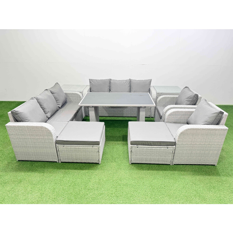 Fimous 10 Seater Wicker PE Rattan Furniture Outdoor Dining Table 3 Seater Sofa Reclining Chair Set with 2 Side Tables 2 Big Stools Light Grey