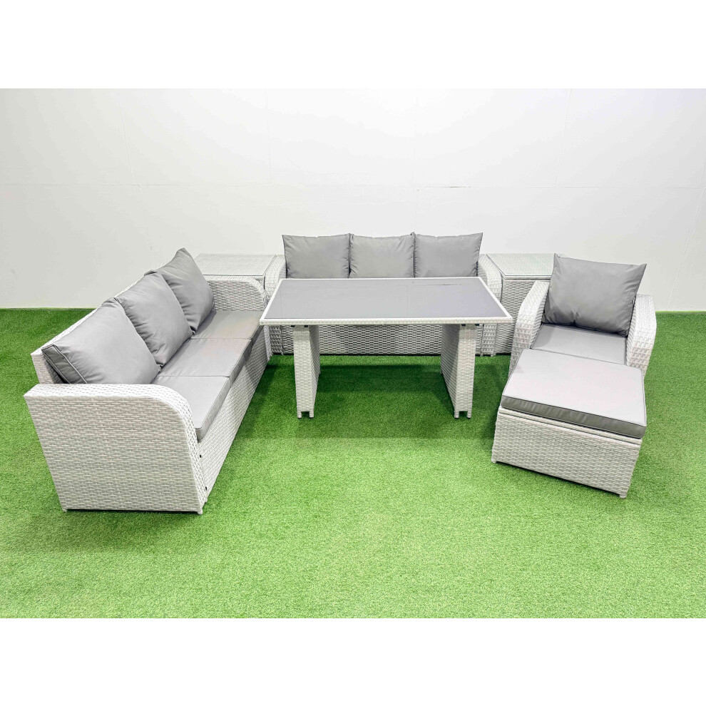 Fimous Rattan Garden Furniture Dining Set 8-seater Patio Rectangular Table Sofa Set with 2 Side Tables Big Stool Light Grey