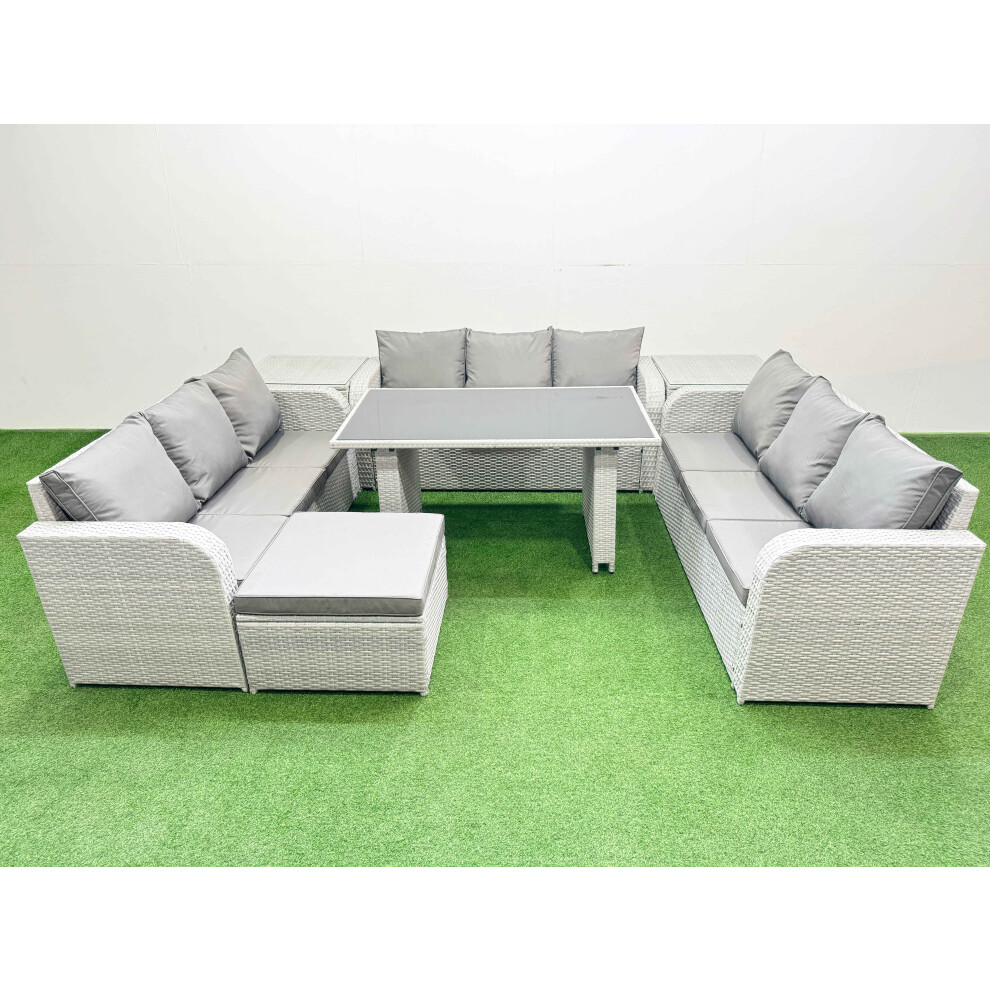 Fimous Patio Garden Furniture Sets With Black Glass Top Dining Table 3 Seater Sofa 2 Side Tables Big Stool Light Grey