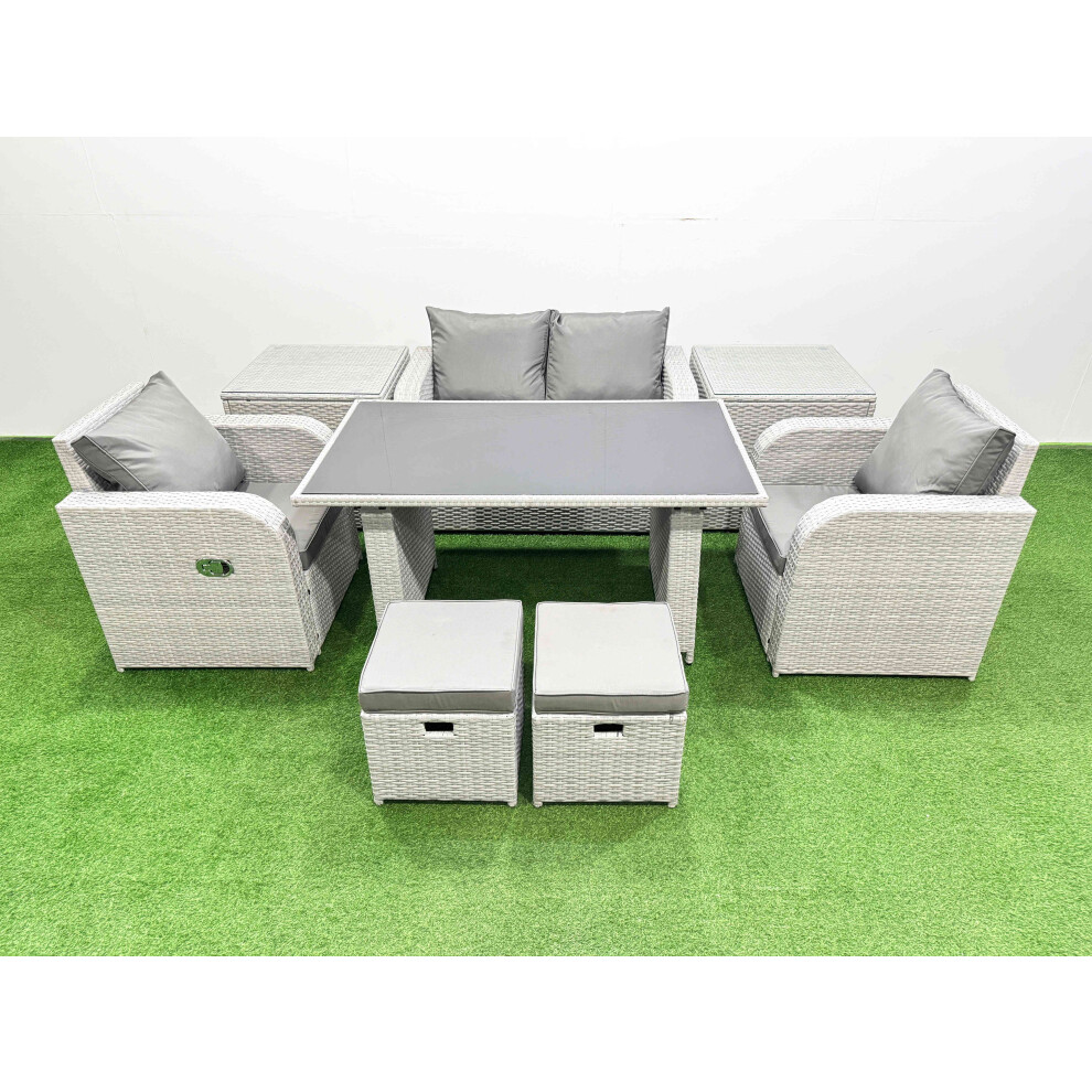 Fimous Outdoor Rattan Garden Furniture Dining Set 6-seater Patio Rectangular Table Love Sofa Reclining Chair Set with 2 Side Tables 2 Small Stools