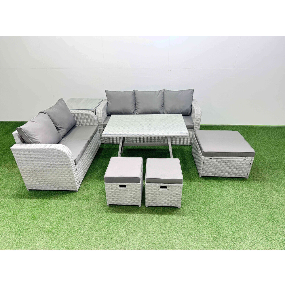 B&Q - Outdoor Pe Rattan Garden Furniture Set Rectangular Dining Table Sofa Set With 3 Stool Side Table Light Grey - Image 2