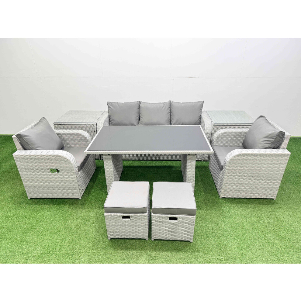Fimous Outdoor Rattan Garden Furniture Dining Set 7 Seater Patio Rectangular Table 3 Seater Sofa Reclining Chair Set With 2 Side Tables 2 Small Stools - Image 2