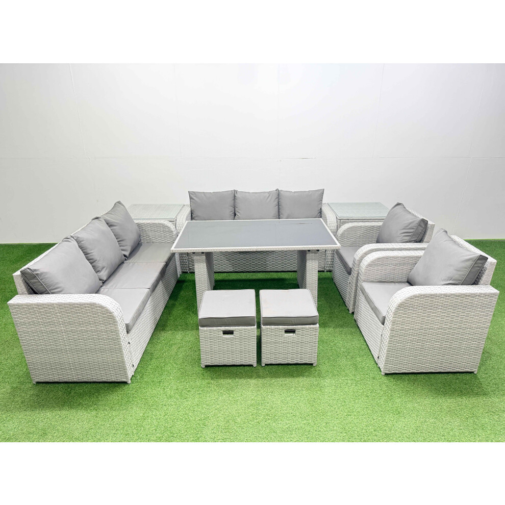 Fimous 10 Seater Wicker PE Rattan Furniture Outdoor Dining Table 3 Seater Sofa Reclining Chair Set with 2 Side Tables 2 Small Stools Light Grey