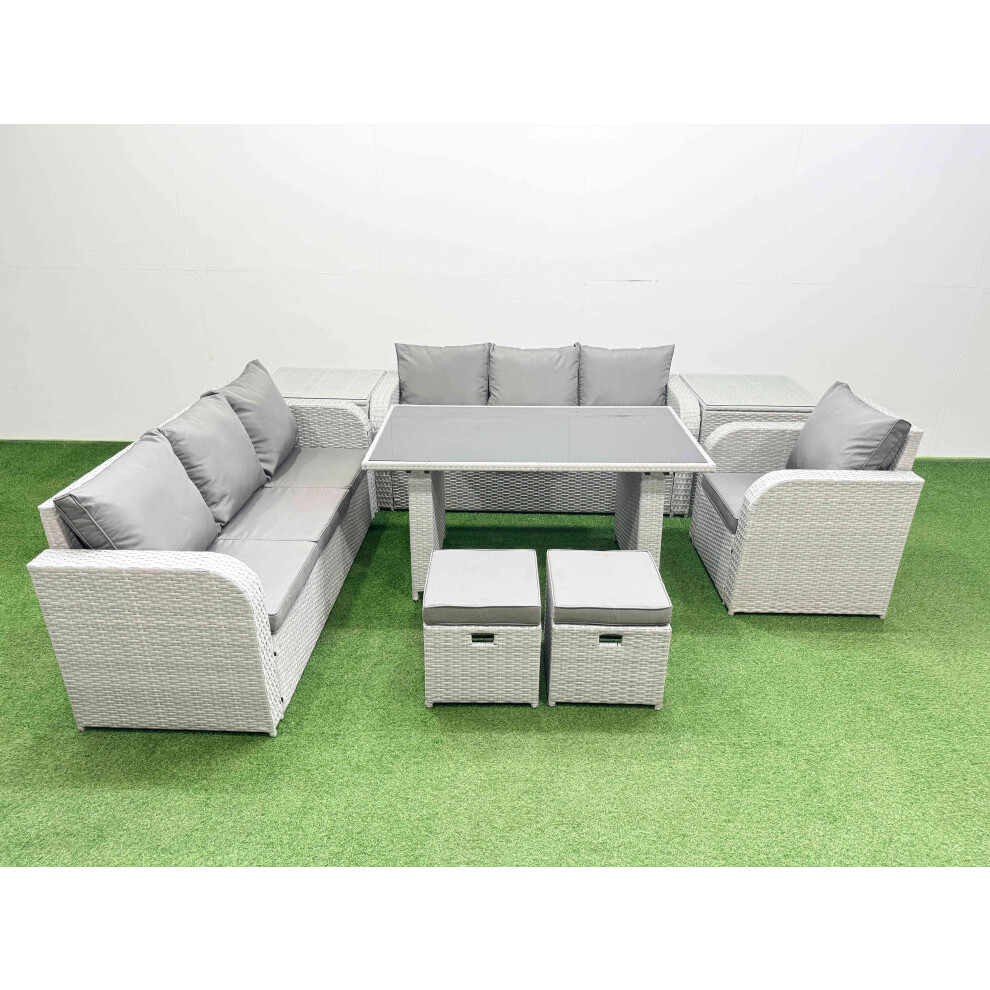 Fimous Rattan Garden Furniture Dining Set 9-seater Patio Rectangular Table Sofa Set with 2 Side Tables 2 Small Stools Light Grey