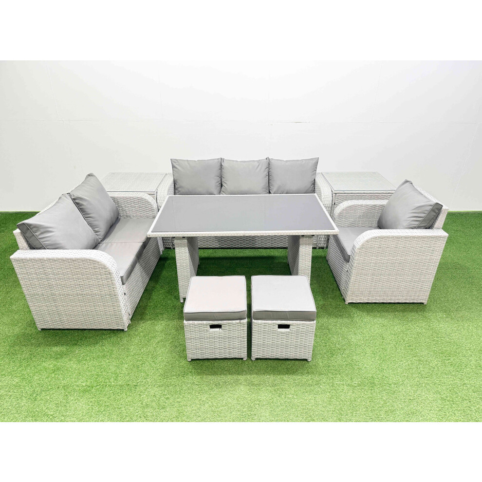 Fimous Rattan Outdoor Table Reclining Chair Sofa Set With 2 Side Tables 2 Small Stools Light Grey 8 Seater