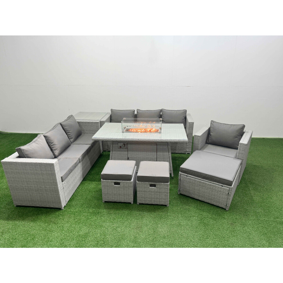 Fimous 10 Seat PE Rattan Lounge Sofa Set Outdoor Garden Furniture Set with Firepit Dining Table 3 Seater Sofa 3 Stools Side Table Light Grey