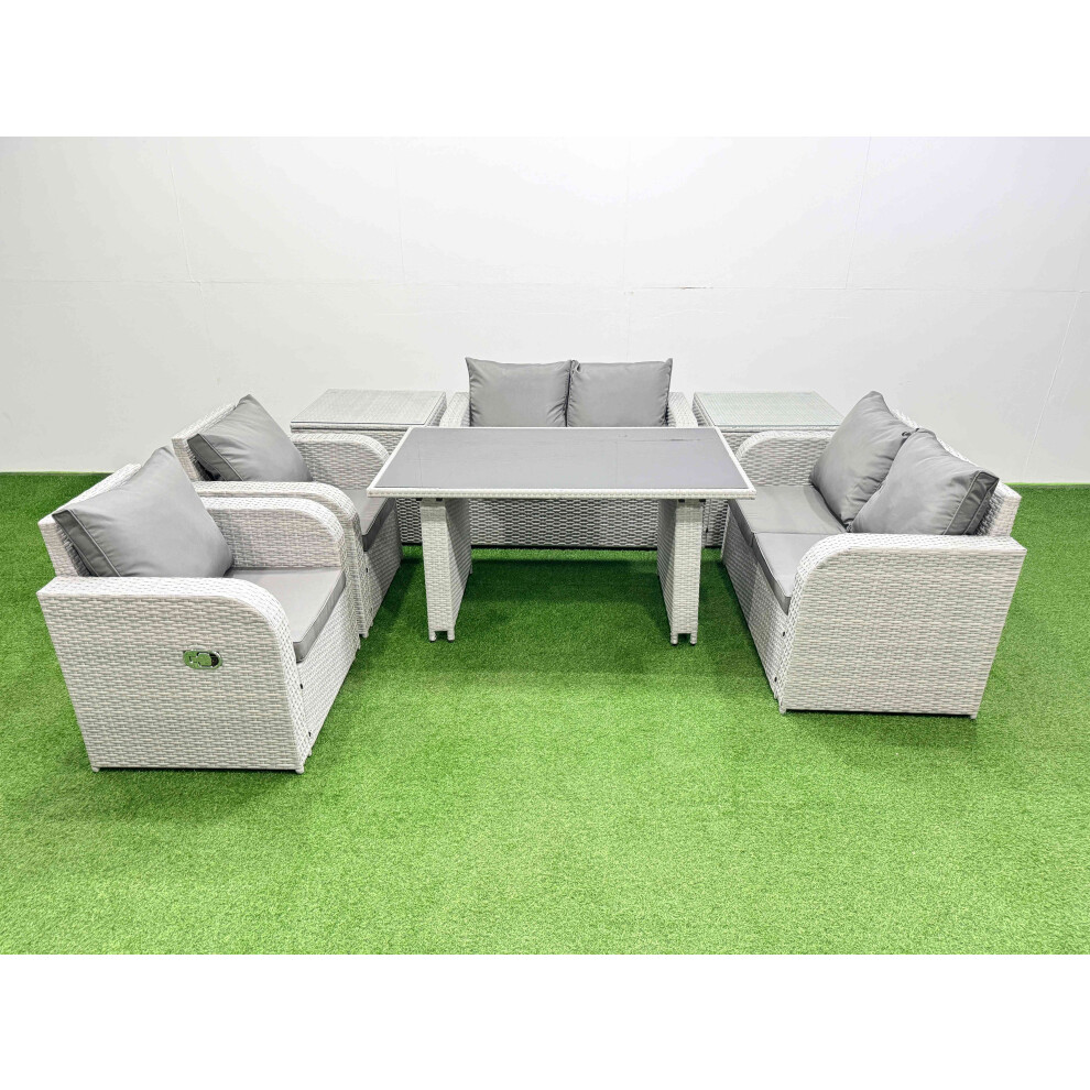 Fimous Outdoor PE Rattan Sofa Reclining Chair Set Patio Garden Furniture Sets with Cushions 2 Side Tables Light Grey 7 Pieces