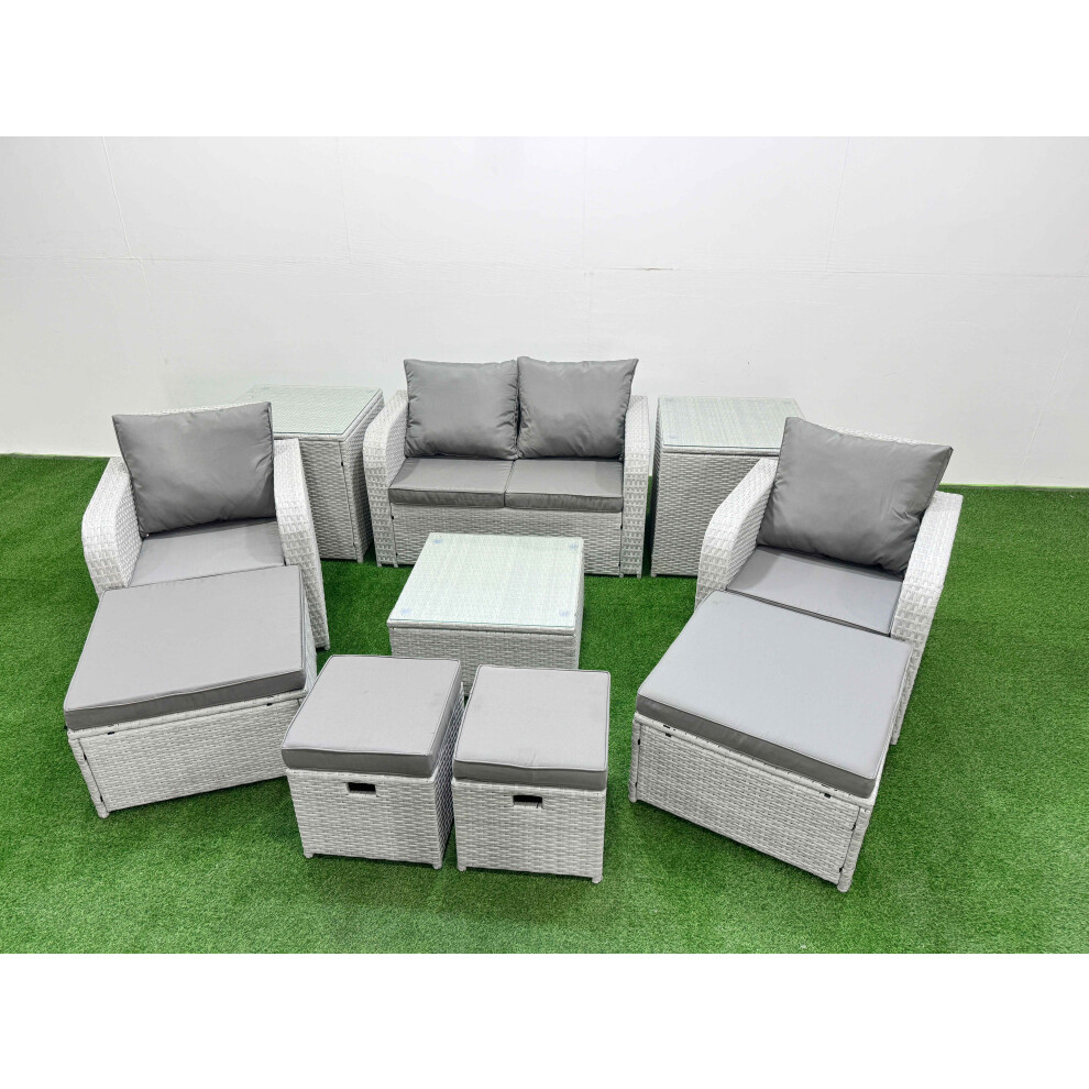 Rackhams Light/Grey Outdoor Garden Furniture Set Pe Rattan Love Sofa Reclining Chair Set With Coffee Table 4 Footstools 2 Side Tables - Image 2
