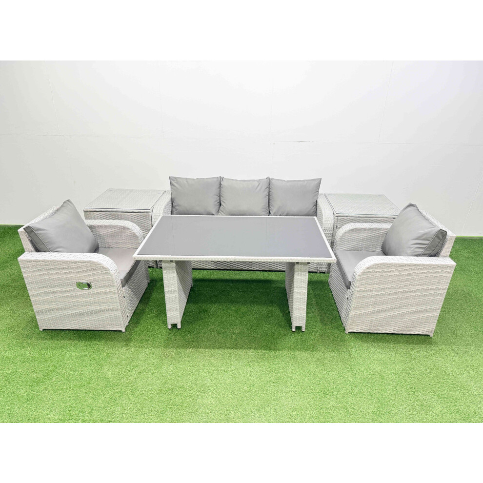 Fimous Outdoor Rattan Garden Furniture Dining Set 5-Seater Patio Rectangular Table 3 Seater Sofa Reclining Chair Set With 2 Side Tables