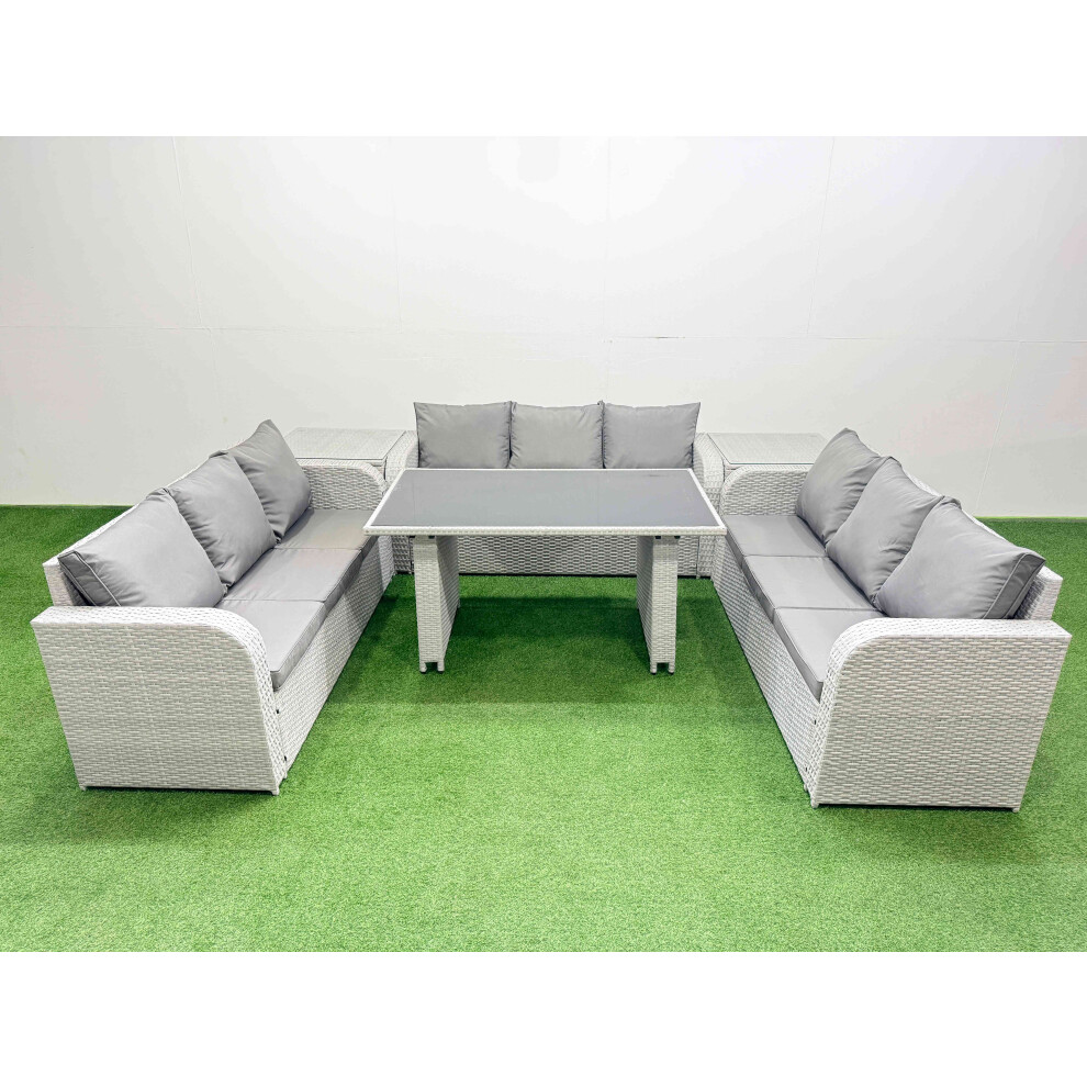 Fimous Patio Garden Furniture Sets with Black Glass Top Dining Table 3 Seater Sofa 2 Side Tables Light Grey