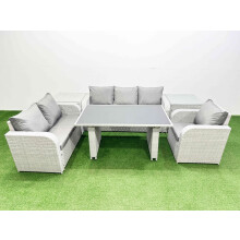 Fimous Rattan Outdoor Table Reclining Chair Sofa Set with 2 Side Tables Light Grey 6 Seater