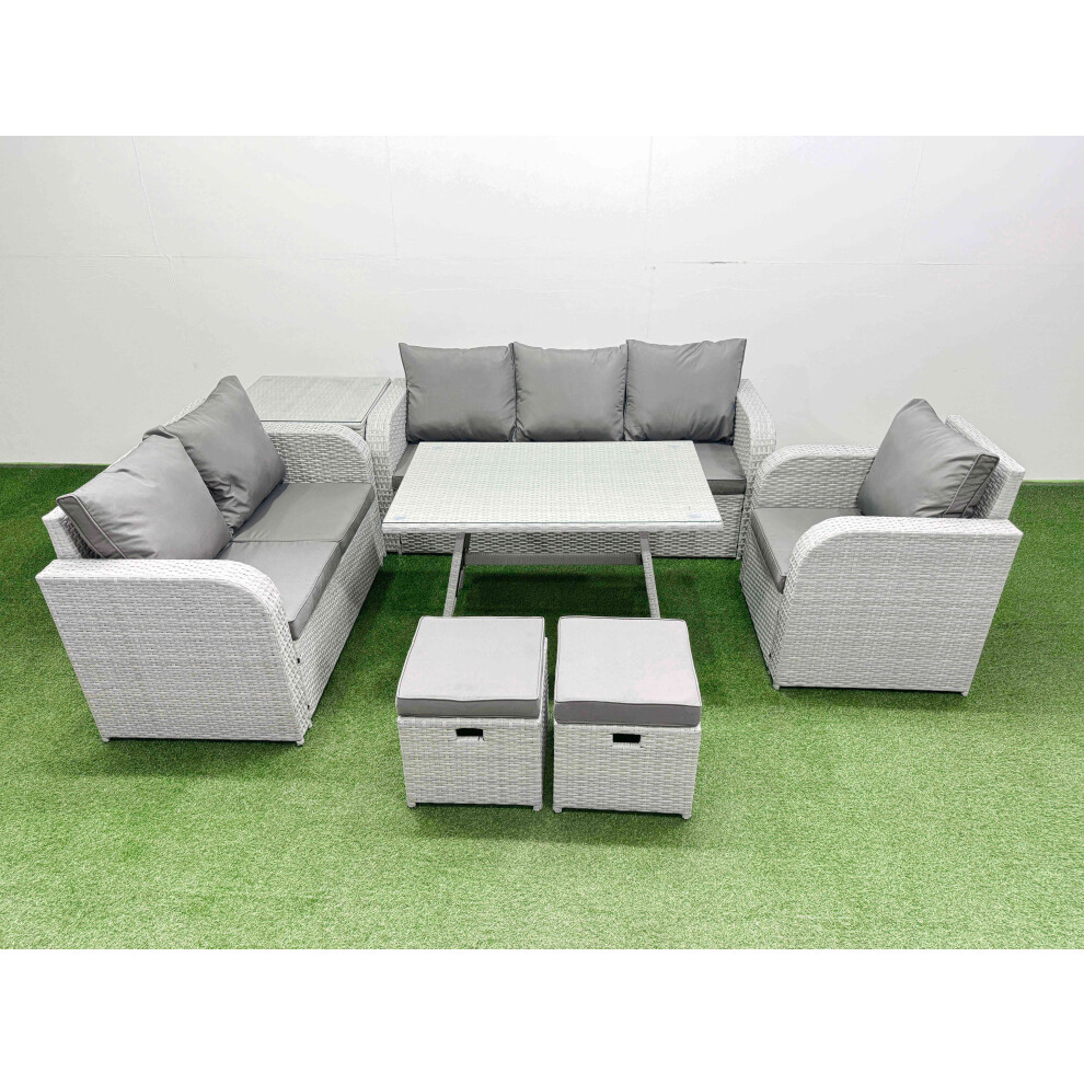 Fimous Rattan High Back Lounge Sofa Set Patio Dining Table & Chairs Set with 3 Seater Sofa Reclining Chair Side Table 2 Small Stool Light Grey