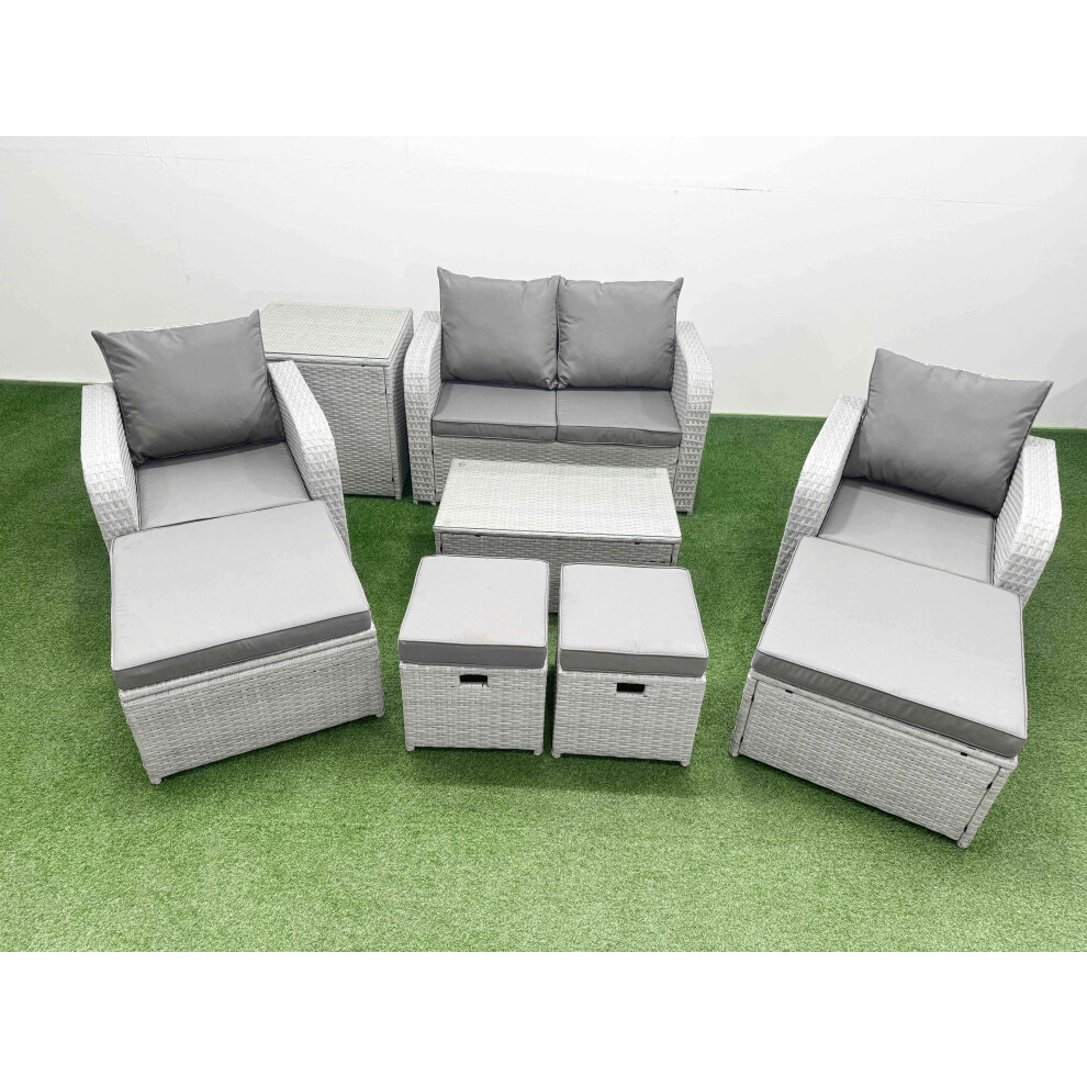 Fimous 9 PCs Rectangular Coffee Table Set Reclining Chair Inclining Sofa Seat Side Table 2 Big Footstool Light Grey