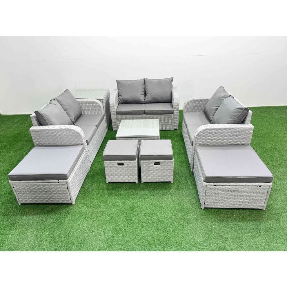 Rackhams Light/Grey Outdoor Garden Furniture Set Pe Rattan Love Sofa Set With Coffee Table 4 Footstools Side Table - Image 2