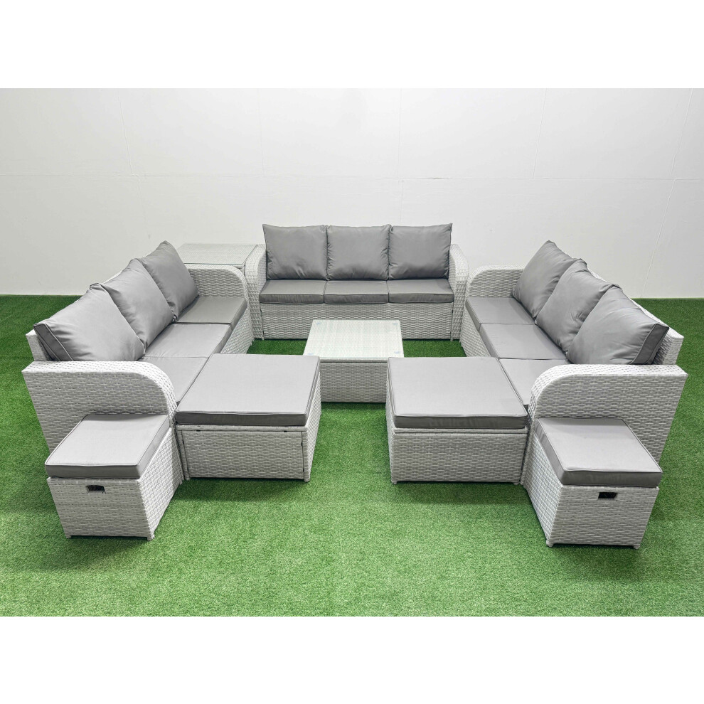 Fimous 13 Seater Outdoor Garden Furniture Set PE Rattan Lounge Sofa Set with Coffee Table 3 Seater Sofa 4 Footstools Side Table Light Grey