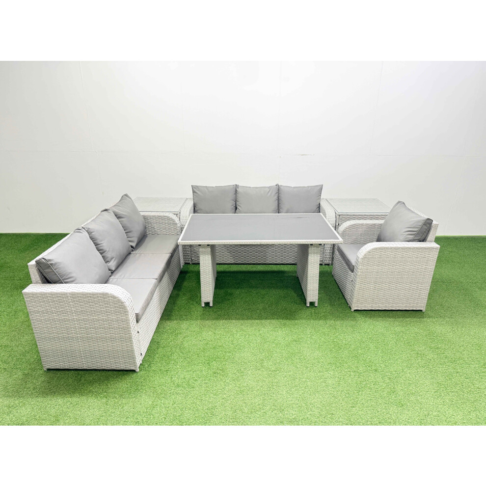 Fimous Rattan Garden Furniture Dining Set 7-seater Patio Rectangular Table Sofa Set with 2 Side Tables Light Grey