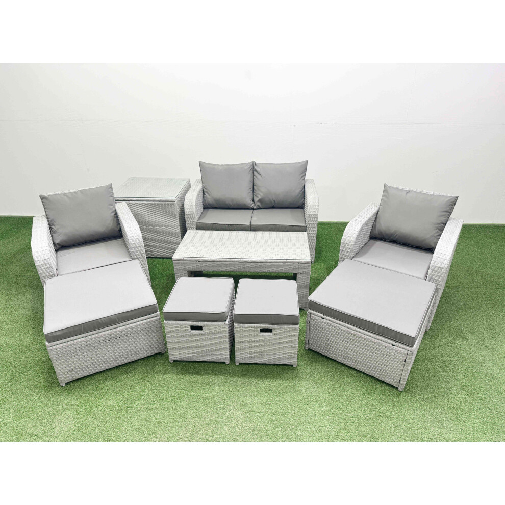 Fimous Pe Wicker Rattan Furniture Sofa Sets With Oblong Coffee Table Love Sofa Reclining Chair Side Table 4 Stools Light Grey Mixed