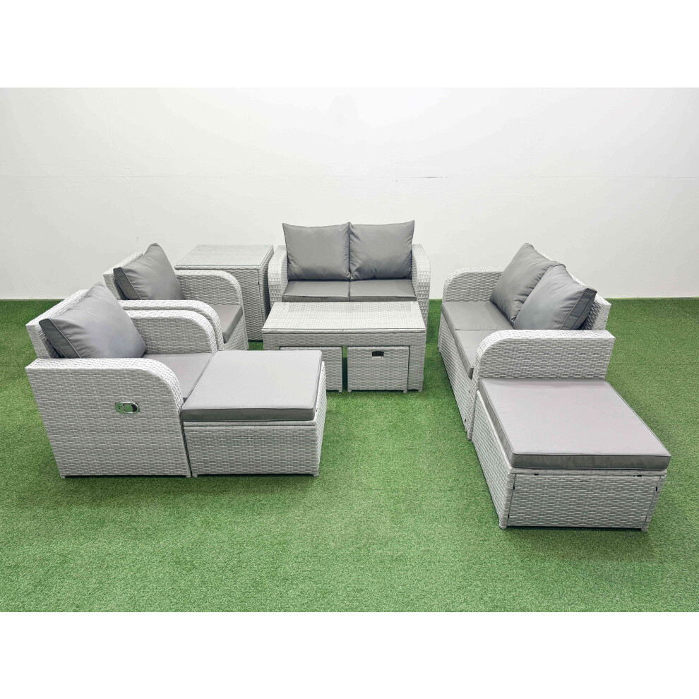 Fimous Pe Wicker Rattan Furniture Sofa Sets With Oblong Coffee Table Love Sofa Reclining Chair 4 Stools Side Table Light Grey Mixed