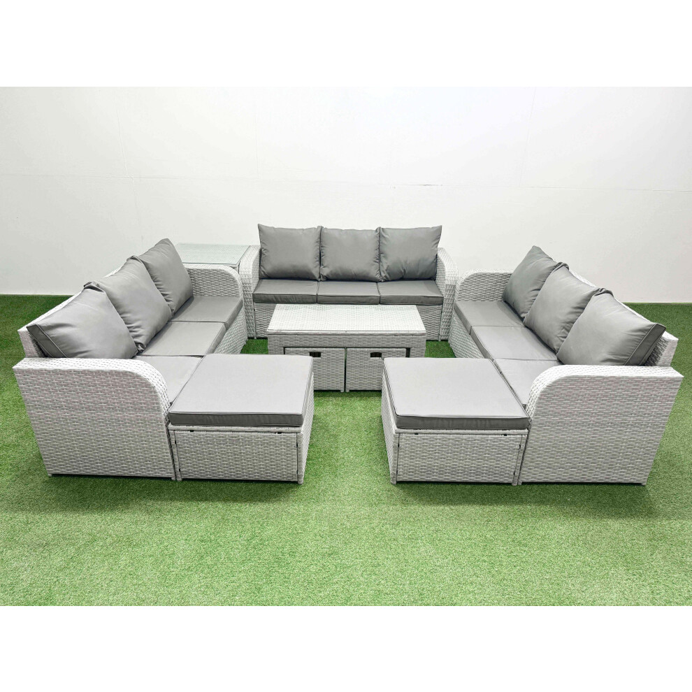 Fimous Outdoor Garden Furniture Set PE Rattan 3 Seater Sofa Set with Oblong Coffee Table 4 Footstools Side Table Light Grey