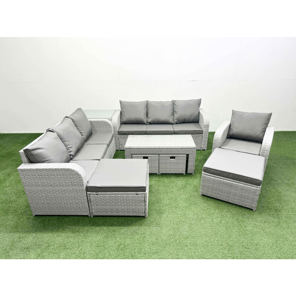 Fimous Outdoor Garden Furniture Set PE Rattan 3 Seater Sofa Reclining Chair Set with Oblong Coffee Table 4 Footstools Side Table Light Grey