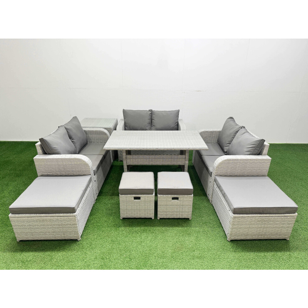 Fimous PE Rattan Lounge Sofa Set 10 Seater Outdoor Garden Furniture Set with Dining Table Love Sofa 2 Big Footstools 2 Small Stool Side Table