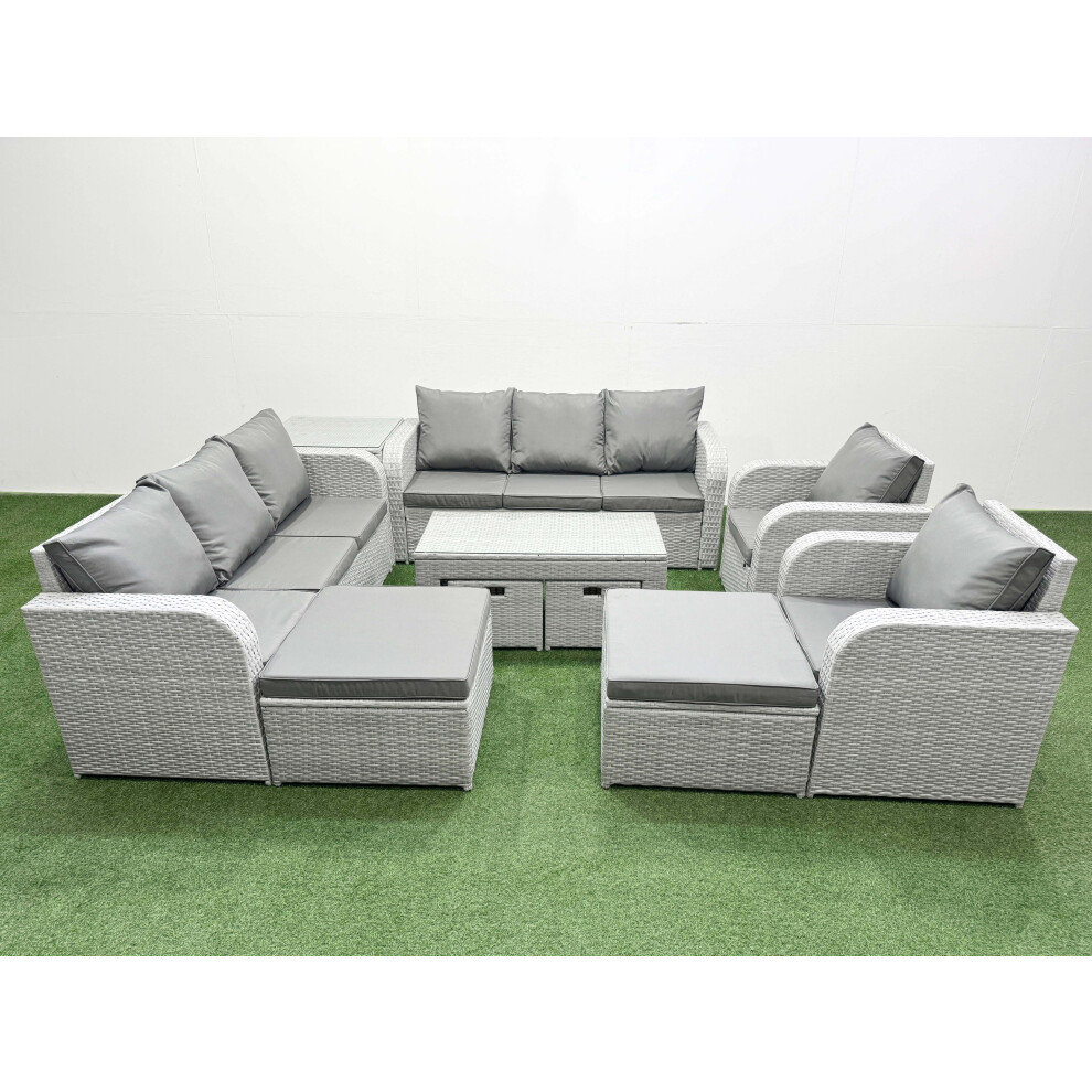 Fimous Pe Wicker Rattan Furniture Sofa Sets With Oblong Coffee Table 3 Seater Sofa 4 Stools Side Table Light Grey