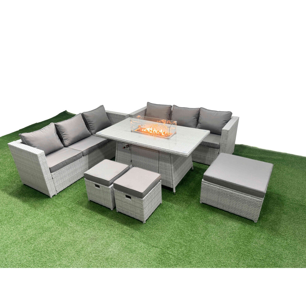 Rackhams Light/Grey 9 Seat Pe Rattan Lounge Sofa Set Outdoor Garden Furniture Set With Fire Pit Dining Table 3 Seater Sofa 3 Stools - Image 2