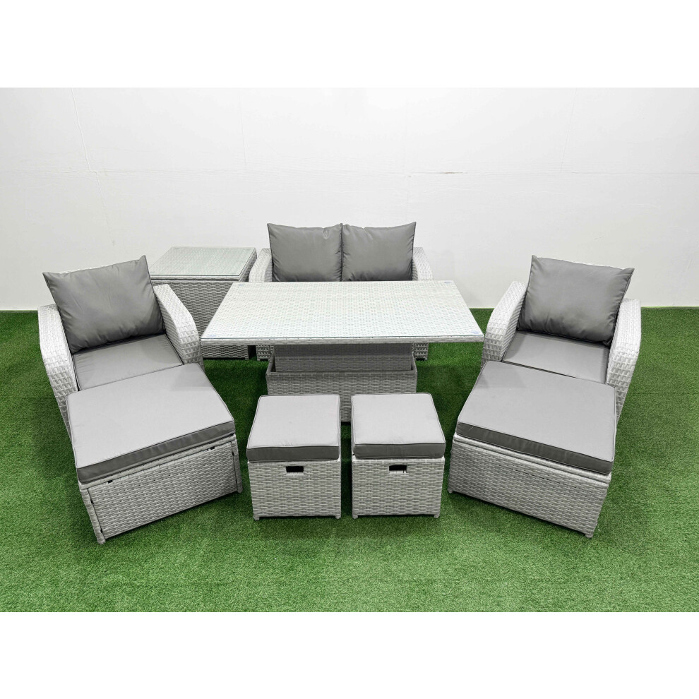 Fimous 9 PCs Rising Dining Table Set Reclining Chair Inclining Love Sofa Seat 2 Big Footstool 2 Small Stool 1 Side Table Light Grey