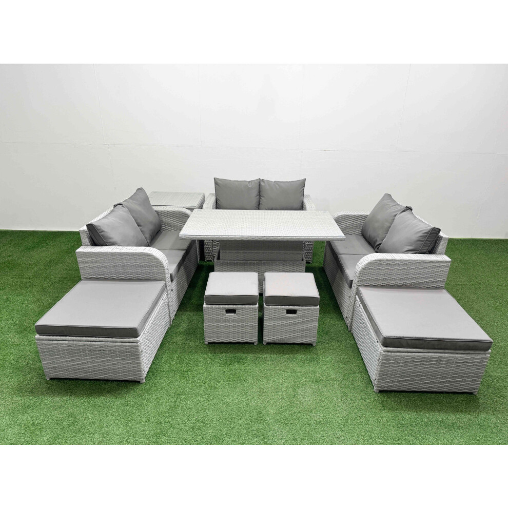 Fimous 9 PCs Rising Dining Table Set Inclining Love Sofa Seat 2 Big Footstool 2 Small Stool 1 Side Table Light Grey