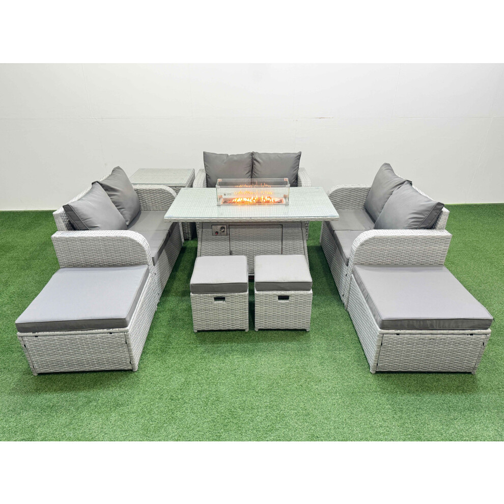 Fimous PE Rattan Lounge Sofa Set 10 Seater Outdoor Garden Furniture Set with Gas Firepit Table Love Sofa 2 Big Footstools Side Table Light Grey