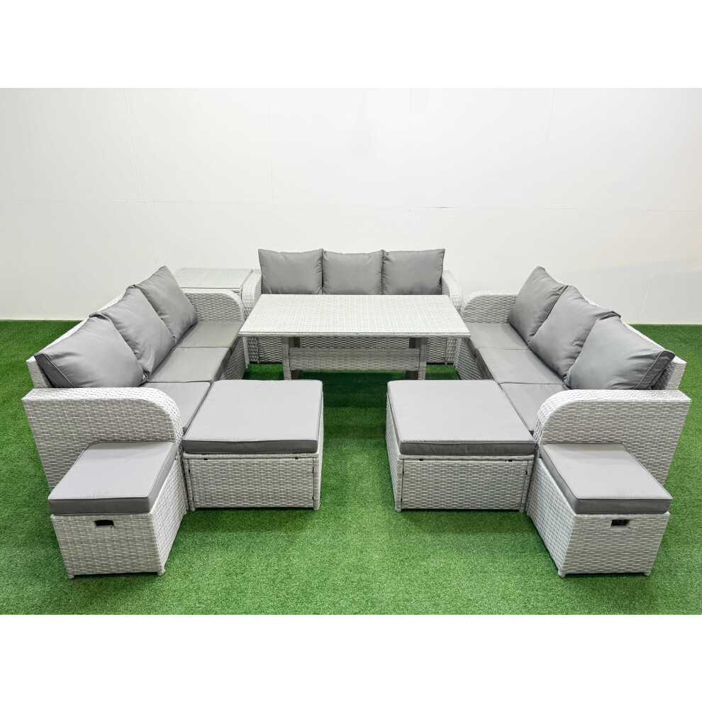 Fimous PE Rattan Lounge Sofa Set 10 Seater Outdoor Garden Furniture Set with Dining Table 3 Seater Sofa 2 Big Footstools Side Table Light Grey