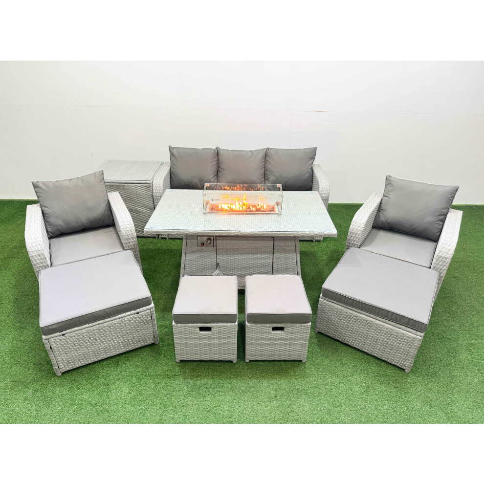 Fimous Light/Grey Pe Rattan Lounge Sofa Set 9 Seater Outdoor Garden Furniture Set With Gas Fire Pit Table 3 Seater Sofa 2 Big Footstools Side Table - Image 2
