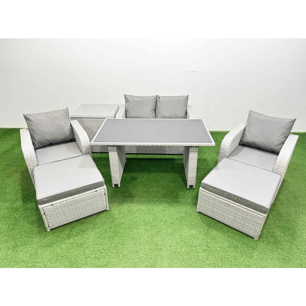 Fimous Outdoor Rattan Garden Furniture Dining Set 6 Seater Patio Rectangular Table Love Sofa Reclining Chair Set With Side Table 2 Big Stools - Image 2