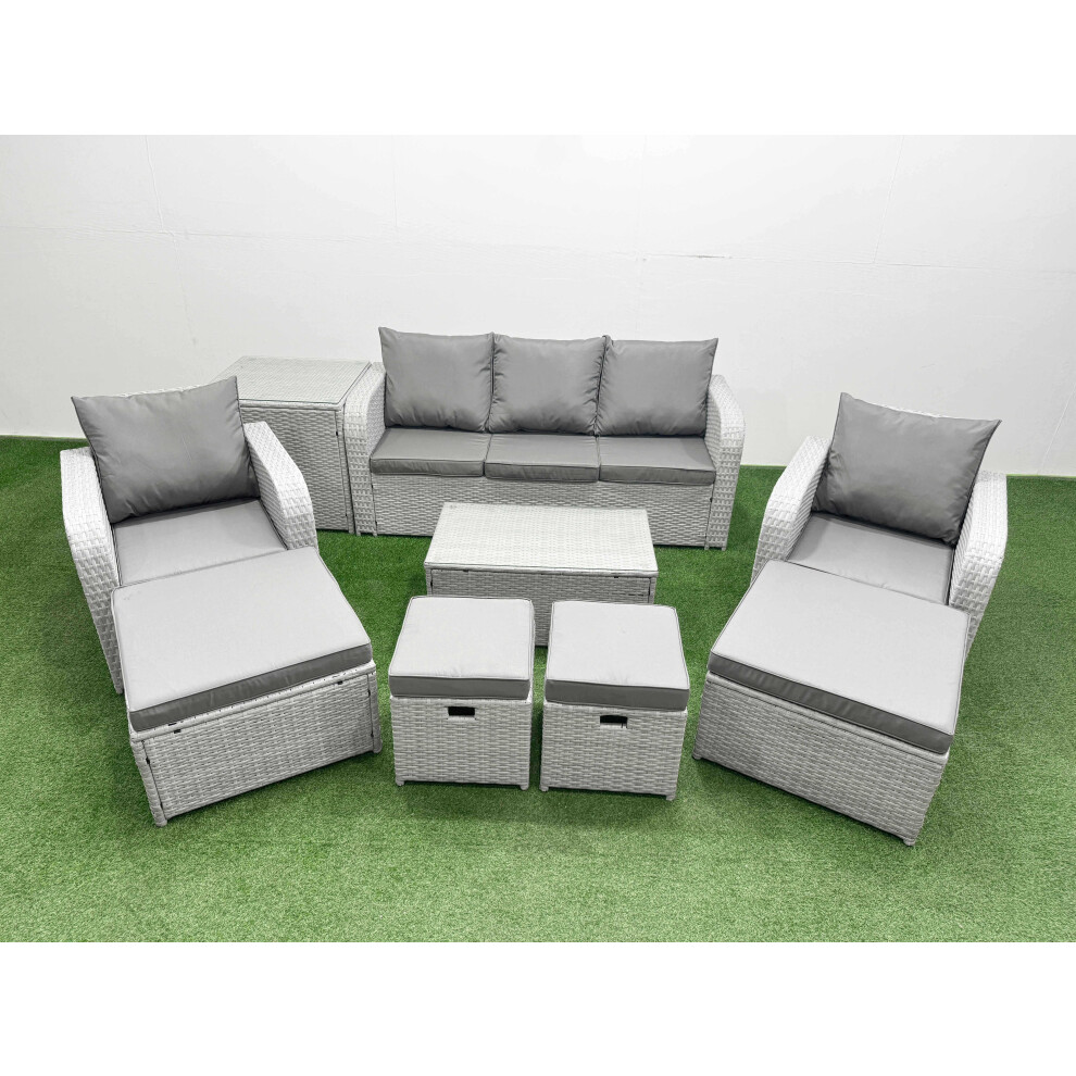 Fimous 9 PCs Rectangular Coffee Table Set Reclining Chair Inclining Sofa Seat 2 Big Footstool 2 Small Stool 1 Side Table Light Grey