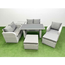 Fimous Rattan Sofa Outdoor Furniture with Dining Table,Side Table,Love Sofa,2 Big Stools Patio Furniture Light Grey 7 Seater