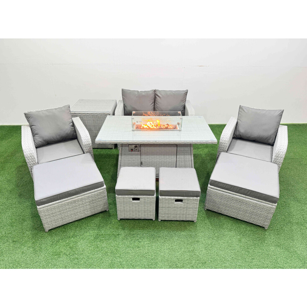 Fimous Light/Grey Pe Rattan Lounge Sofa Set 8 Seater Outdoor Garden Furniture Set With Gas Fire Pit Table Love Sofa 4 Footstools Side Table - Image 2