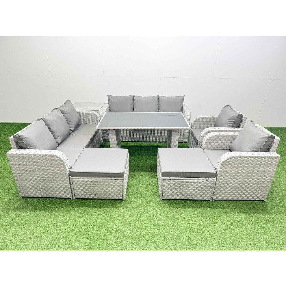Fimous 10 Seater Wicker PE Rattan Furniture Outdoor Dining Table 3 Seater Sofa Reclining Chair Set with Side Table 2 Big Stools Light Grey