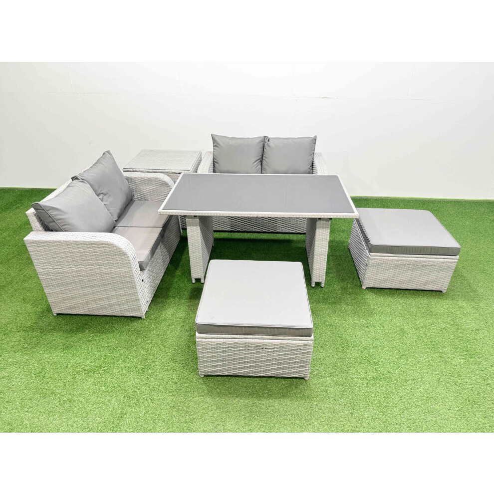 Fimous 6 Pieces Outdoor PE Rattan Sofa Set Patio Garden Furniture Sets with Cushions Side Table 2 Big Stools Light Grey