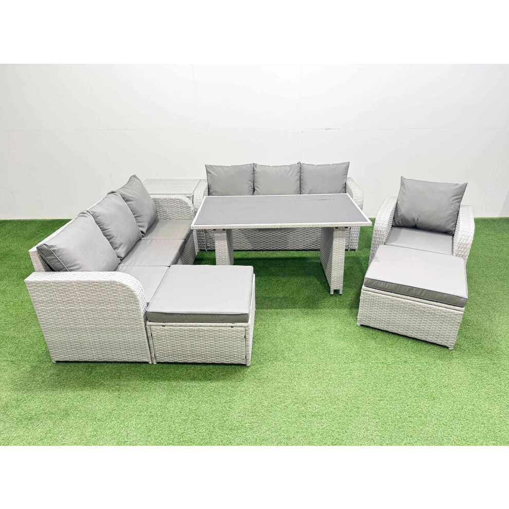 Fimous Rattan Garden Furniture Dining Set 9-seater Patio Rectangular Table Sofa Set with Side Table 2 Big Stools Light Grey