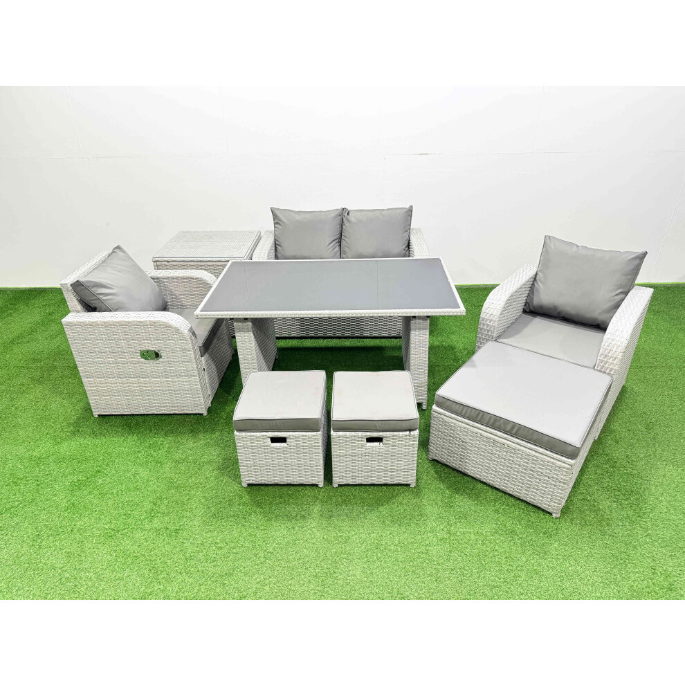 Rackhams Outdoor Rattan Garden Furniture Dining Set 7 Seater Patio Rectangular Table Love Sofa Reclining Chair Set With Side Table 3 Stools - Image 2