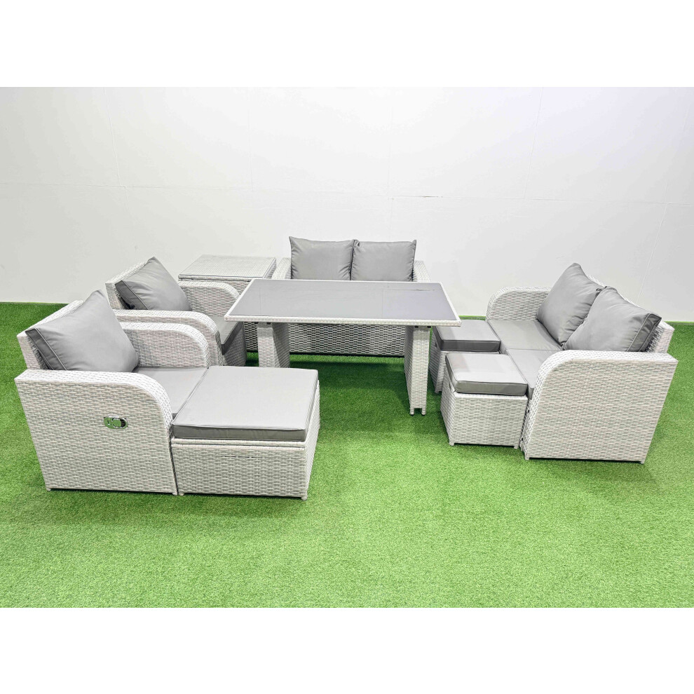 Fimous Light/Grey 9 Pieces Outdoor Pe Rattan Sofa Reclining Chair Set Patio Garden Furniture Sets With Cushions Side Table 3 Stools - Image 2