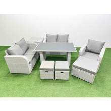 Fimous Rattan Sofa Outdoor Furniture with Dining Table,Side Table,Love Sofa,3 Stools Patio Furniture Light Grey 8 Seater