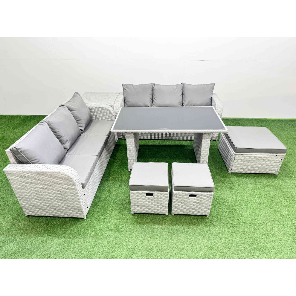 Fimous 9 Seater Rattan Outdoor Dining Table 3 Seater Sofa Set with Side Table 3 Stools Light Grey