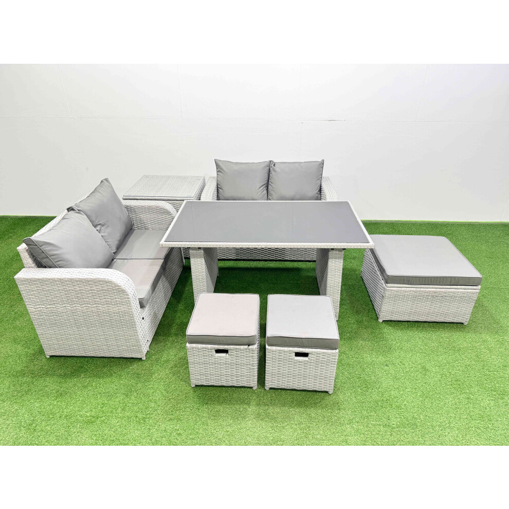 Fimous 7 Pieces Outdoor PE Rattan Sofa Set Patio Garden Furniture Sets with Cushions Side Table 3 Stools Light Grey
