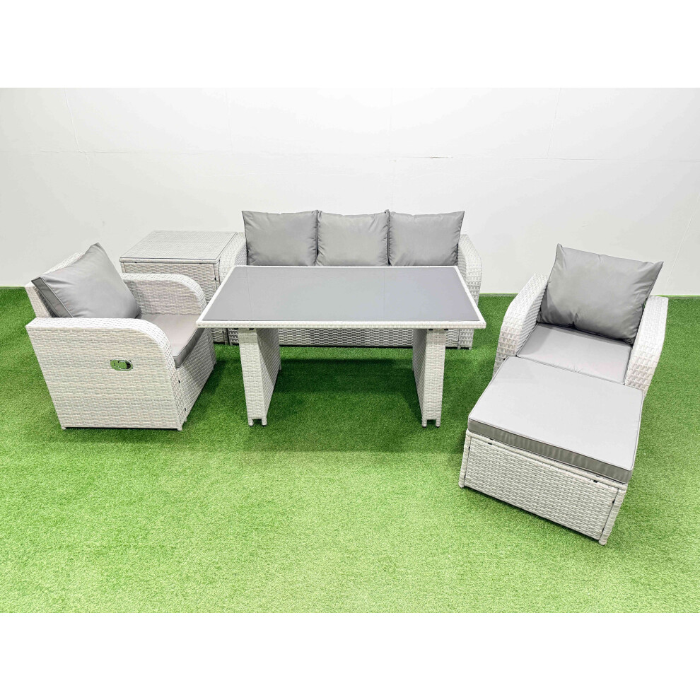 Rackhams Dark/Grey/Light Outdoor Rattan Garden Furniture Dining Set 6 Seater Patio Rectangular Table 3 Seater Sofa Reclining Chair Set With Side Table Big Stool - Image 2