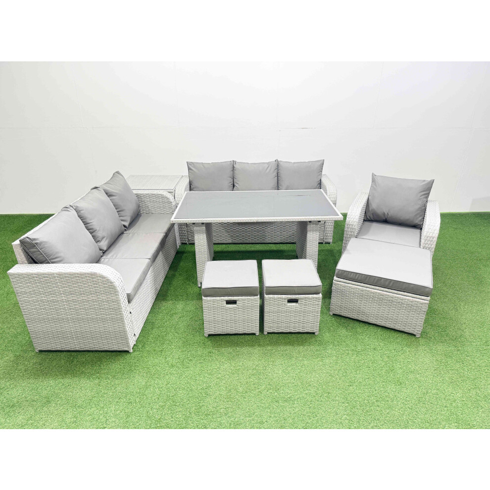 Fimous Light/Grey Rattan Garden Furniture Dining Set 10 Seater Patio Rectangular Table Sofa Set With Side Table 3 Stools - Image 2