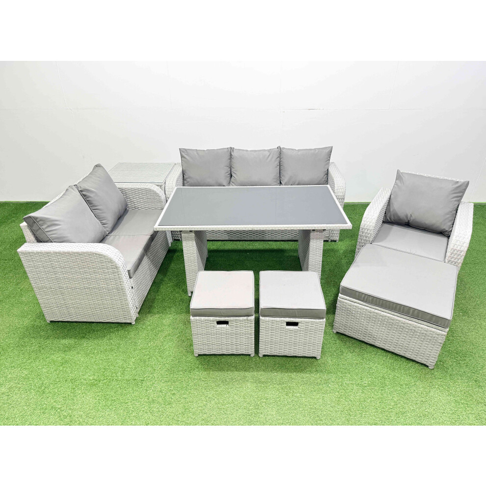 Fimous Rattan Outdoor Table Reclining Chair Sofa Set with Side Table 3 Stools Light Grey 9 Seater